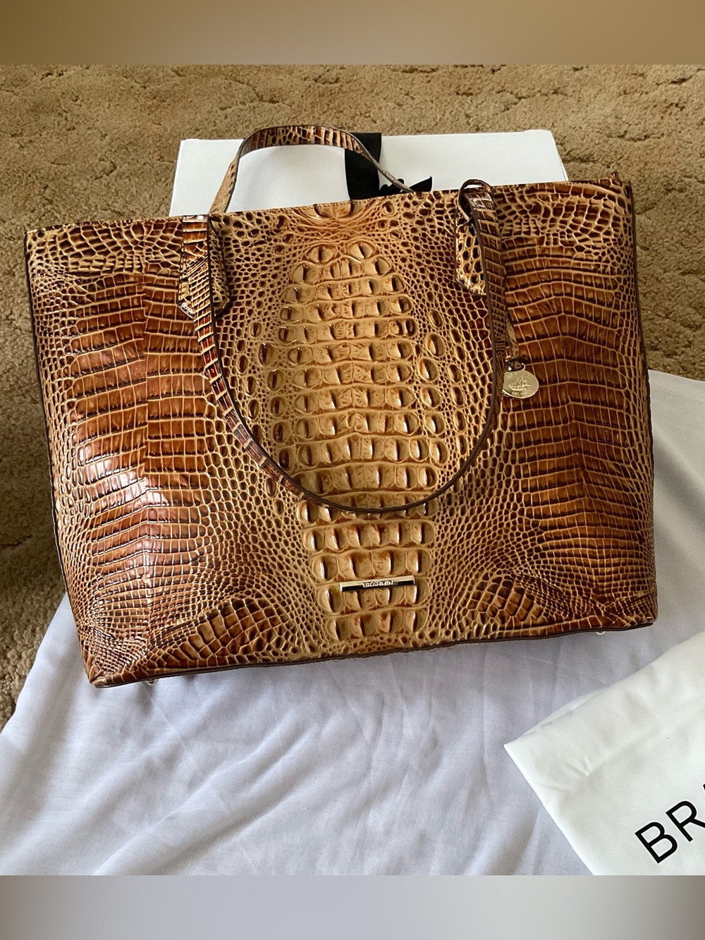 NWOT Large Toasted Almond Brahmin Tote! Beautiful Croc-Embossed!